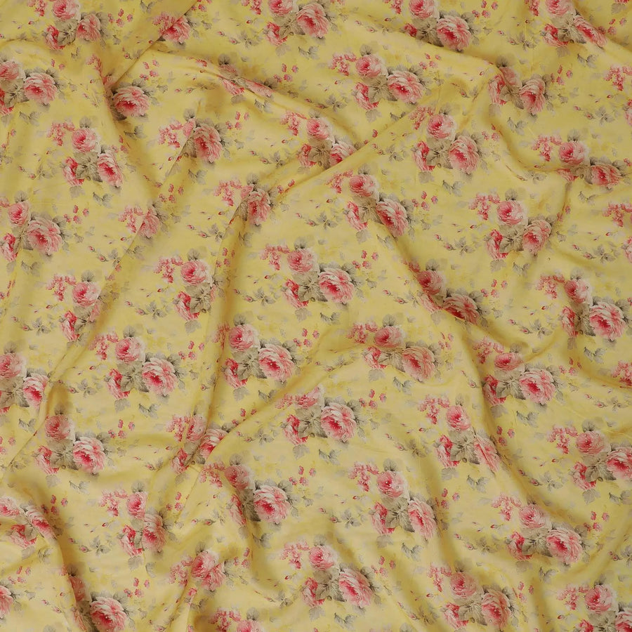 Sunflower yellow viscose fabric with hot pink, pale brown print having gold laminated stone work in floral design-D9262 Regal Fabrics