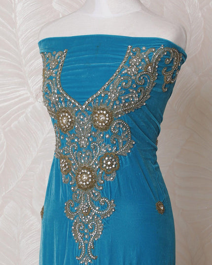 Steel blue silk blended velvet fabric with gold bead embroidery having stone work in floral design-D14715