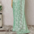 Mint green Premium pure French chantilly lace saree having stone work and same tone outline metallic lurex in floral design-D14618