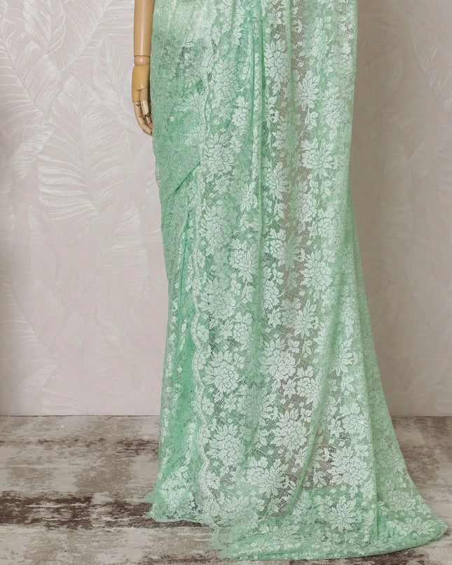 Mint green Premium pure French chantilly lace saree having stone work and same tone outline metallic lurex in floral design-D14618 Regal Fabrics