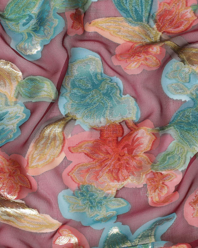 قماش شيفون حرير خالص فاخر باللون العنابي مع طباعة يدوية متعددة الألوان ولوريكس معدني بتصميم زهور-D10426