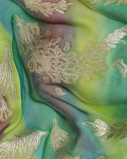 Multicolor premium pure silk chiffon fabric with gold metallic lurex in floral design-D14242