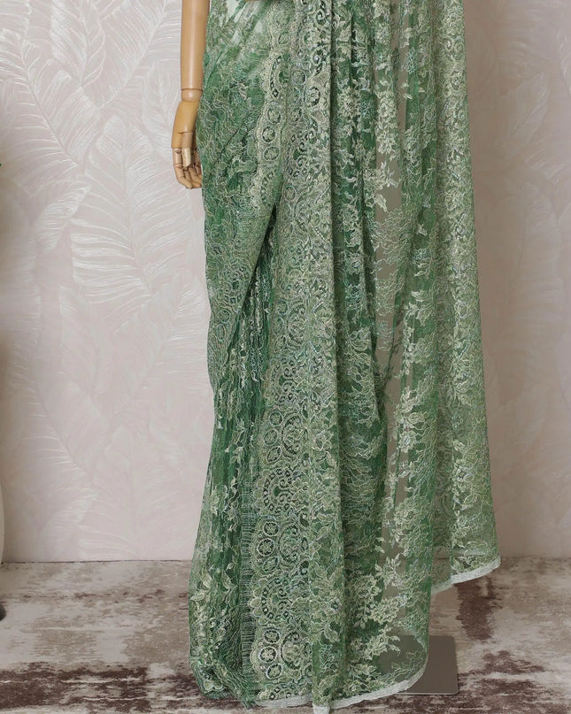 Parrot green, gold, silver Premium pure French metallic chantilly lace saree in floral design-D14556 Regal Fabrics