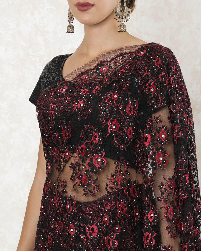 Black, Crimson red Premium two tone French chantilly lace saree having stone work in floral design-D10903