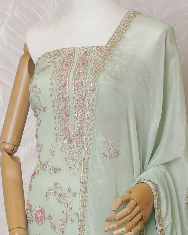 Vista green Premium pure silk crepe kameez with mint green embroidery, sequin work and stone work in floral design. Vista green plain salwar with same tone chiffon dupatta with same tone embroidery and bead work-D15576 Regal Fabrics