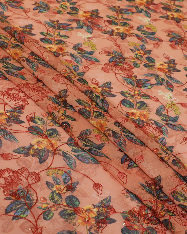 قماش فوال من القطن الخالص باللون البرتقالي الصدئ مع طباعة متعددة الألوان مع تطريز وترتر بتصميم زهور-D13240