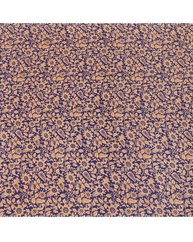 Royal blue silk crepe fabric with beige and light brown print in floral design-D8410 Regal Fabrics