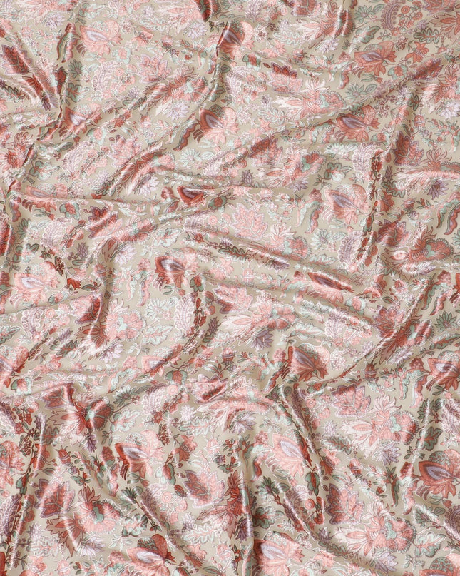 Beige synthetic chiffon fabric with multicolor velvet burnout print in floral design-D14161