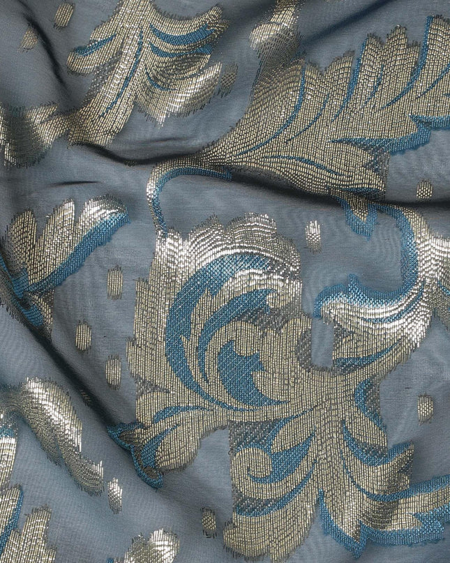 قماش شيفون حريري فرنسي (فرنساوي) فاخر باللون الأزرق البترولي مع الفيسكوز الأزرق والوركس المعدني الذهبي بتصميم الأزهار-D10586
