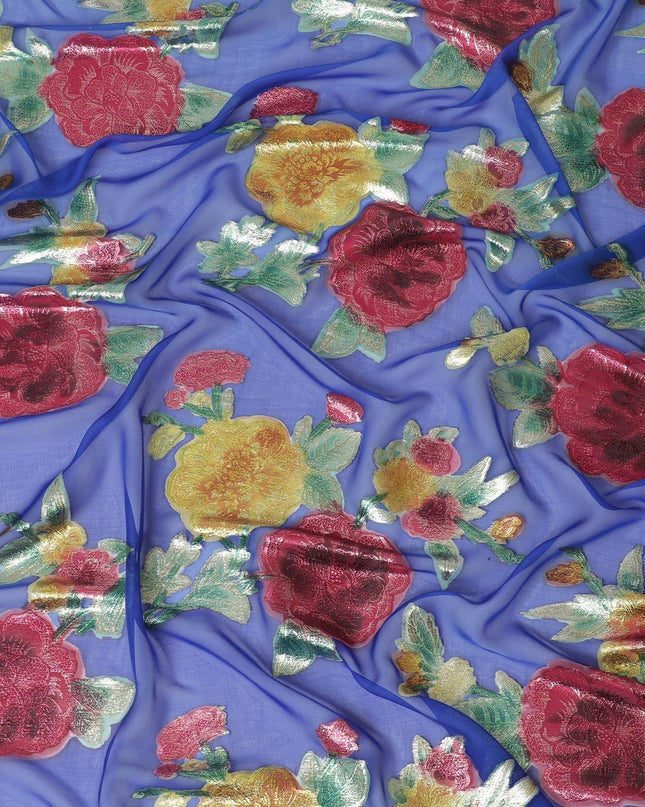قماش شيفون من الحرير الخالص باللون الأزرق الملكي مع لوركس معدني متعدد الألوان بتصميم زهور -D10777