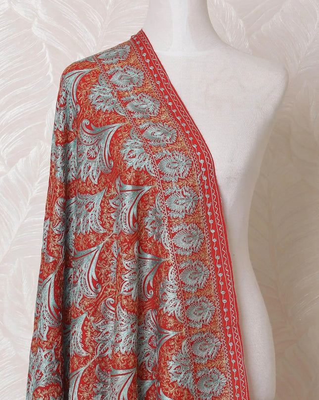 Crimson red Premium pure kashmiri shawl with gold and baby blue jacquard in floral design-D14943 Regal Fabrics