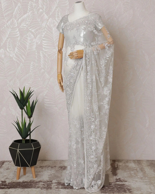 White Premium tulle saree with same tone embroidery having lavender sequin work and bead work in floral design-D15584 Regal Fabrics