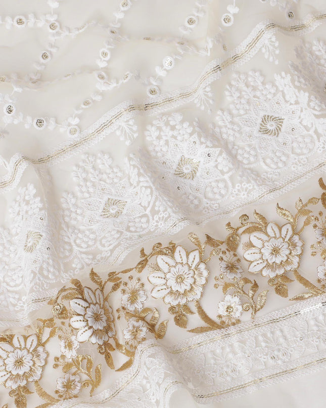 Beige nylon tulle fabric with white and gold embroidery having gold sequins in fancy design-D6907