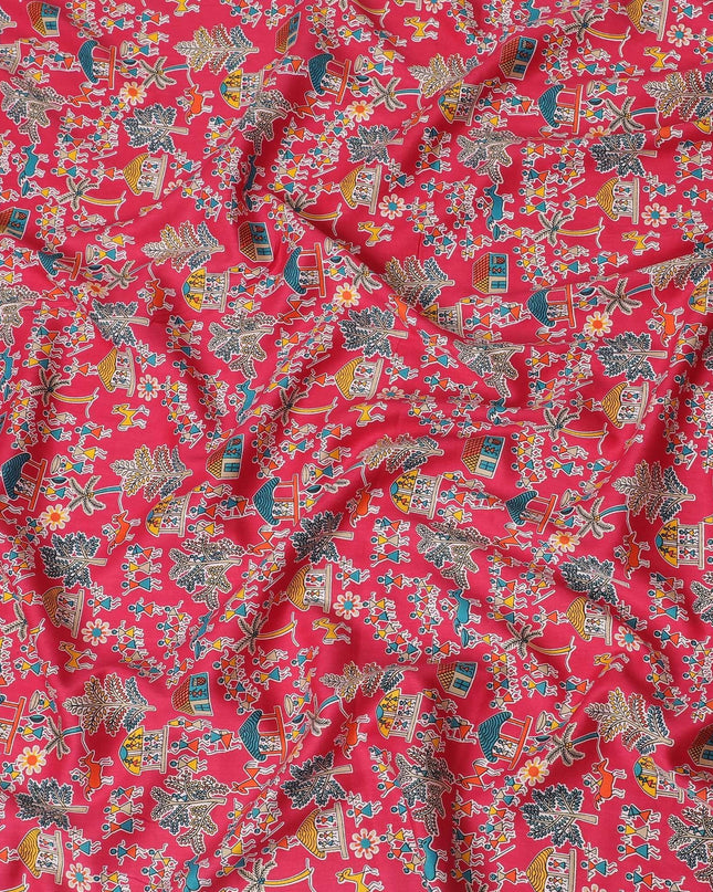 Magenta pink cotton voile fabric with multicolor print in fancy design-D15418 Regal Fabrics
