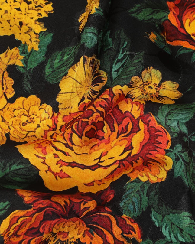 Black premium pure Italian silk satin fabric with multicolor print in floral design having matt finish-D13740