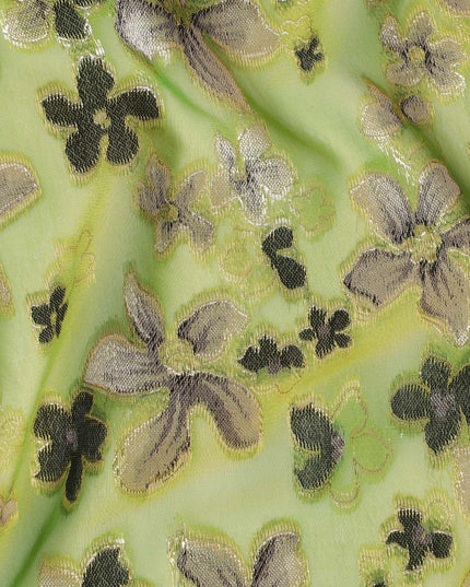 Lime green Premium pure changent silk chiffon fabric with pale brown, black viscose having gold metallic lurex in floral design-D14646