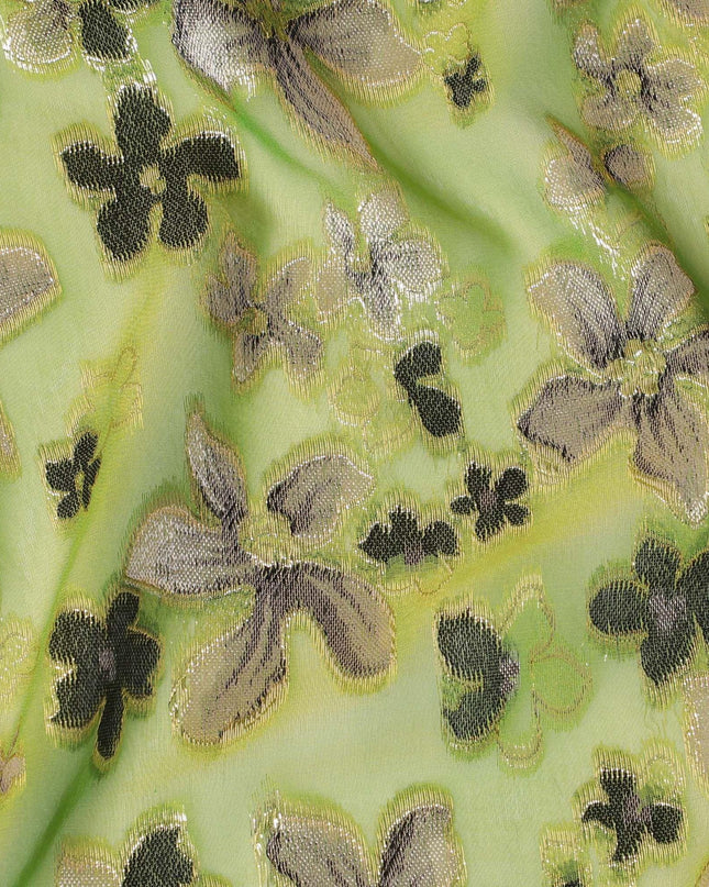 Lime green Premium pure changent silk chiffon fabric with pale brown, black viscose having gold metallic lurex in floral design-D14646