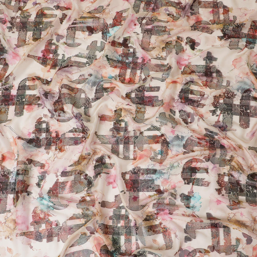 قماش شيفون من الحرير الخالص الفاخر باللون الخوخي الفاتح مع طباعة متعددة الألوان ولوريكس معدني بتصميم تجريدي-D13732