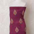 Dark plum blended cotton lawn fabric with multicolor embroidery in floral design-D15067