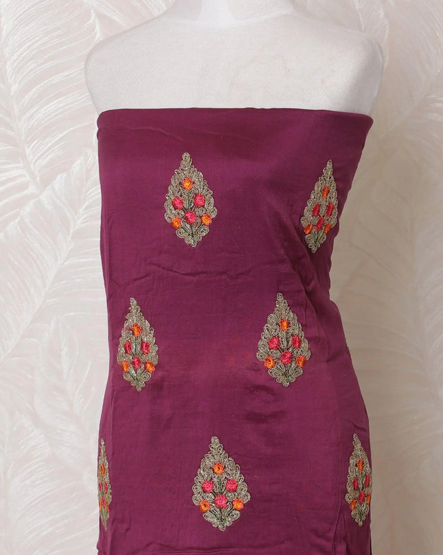 Dark plum blended cotton lawn fabric with multicolor embroidery in floral design-D15067 Regal Fabrics
