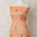 Salmon peach blended cotton lawn fabric with brick red and gold sequin embroidery in fancy design-D12105