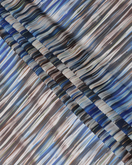 Grey premium pure silk chiffon fabric with blue print having gold and silver metallic lurex in stripe design-D13978
