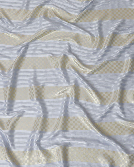 Powder blue synthetic crepe fabric with gold metallic lurex weave in stripe design-D15378 Regal Fabrics