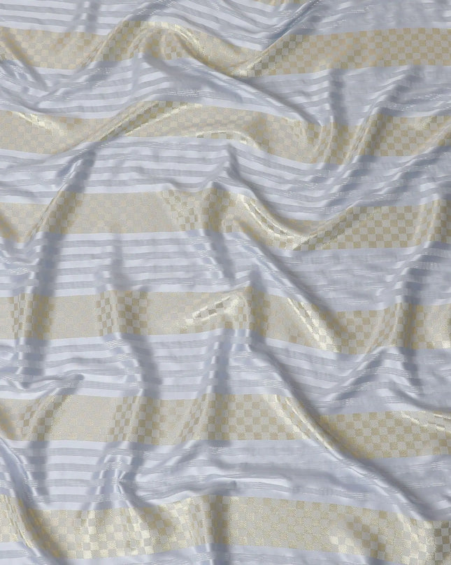 Powder blue synthetic crepe fabric with gold metallic lurex weave in stripe design-D15378 Regal Fabrics