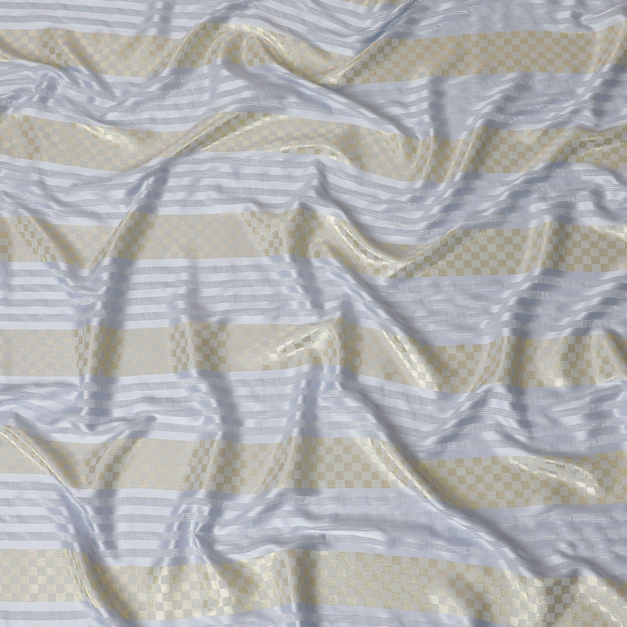 Powder blue synthetic crepe fabric with gold metallic lurex weave in stripe design-D15378 Regal Fabrics