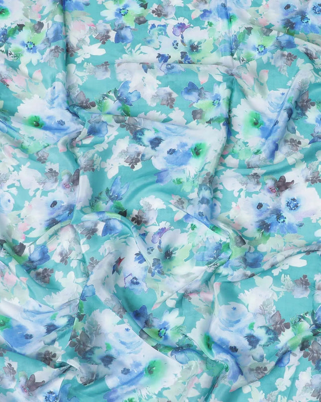 Sea blue synthetic crepe fabric with multicolor print in floral design-D10023 Regal Fabrics