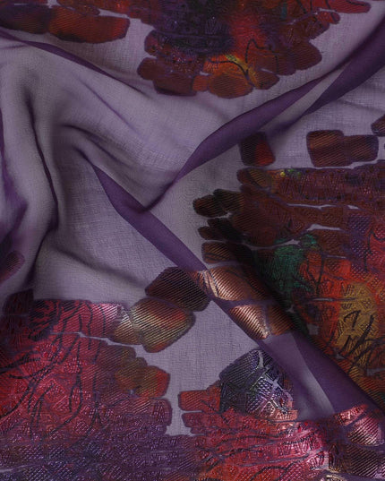 Purple premium pure silk chiffon fabric with multicolor metallic lurex in fancy design-D9079