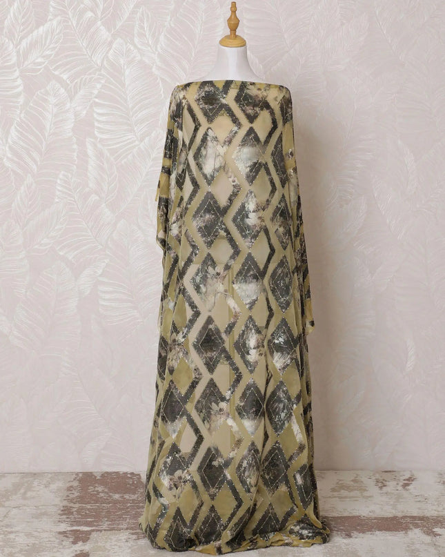 Gold Premium pure French (Fransawi) silk chiffon dirac fabric with multicolor viscose having brown metallic lurex and stone work in fancy design-D15126 Regal Fabrics