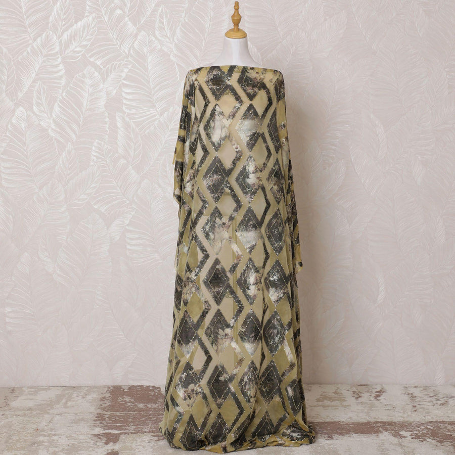 Gold Premium pure French (Fransawi) silk chiffon dirac fabric with multicolor viscose having brown metallic lurex and stone work in fancy design-D15126