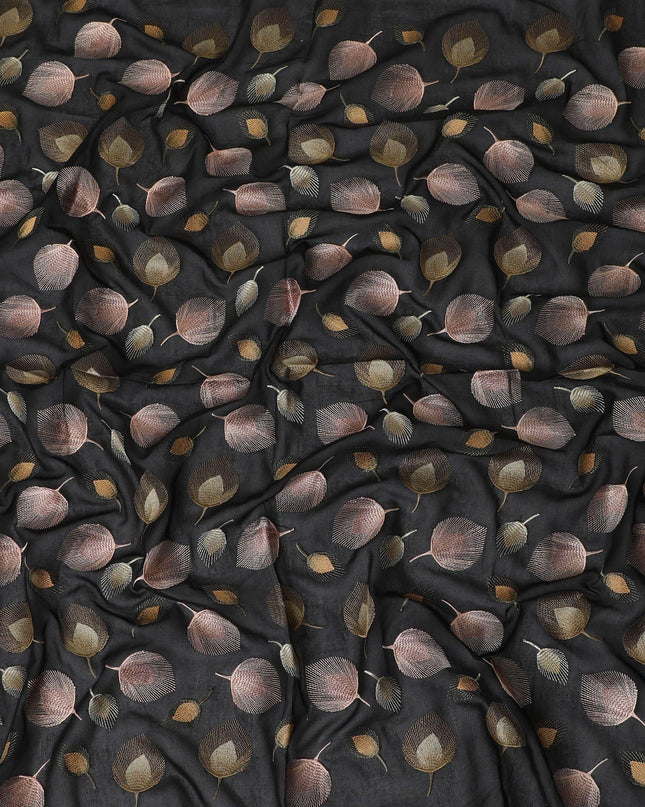 Black premium pure cotton voile fabric with gold and pale copper embroidery in floral design-D13639