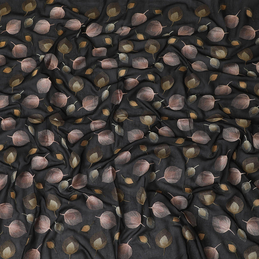قماش فوال من القطن الخالص باللون الأسود مع تطريز ذهبي ونحاسي باهت بتصميم زهور-D13639