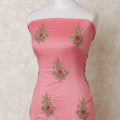 Coral pink blended cotton lawn fabric with beige pearls, gold and red embroidery in floral design-D12111