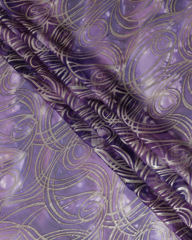 قماش شيفون من الحرير الخالص متعدد الألوان مع لوريكس معدني ذهبي بتصميم تجريدي-D14077