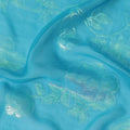 قماش شيفون من الحرير الخالص باللون الأزرق الفيروزي مع لوركس معدني أخضر نيون بتصميم زهور-D12419