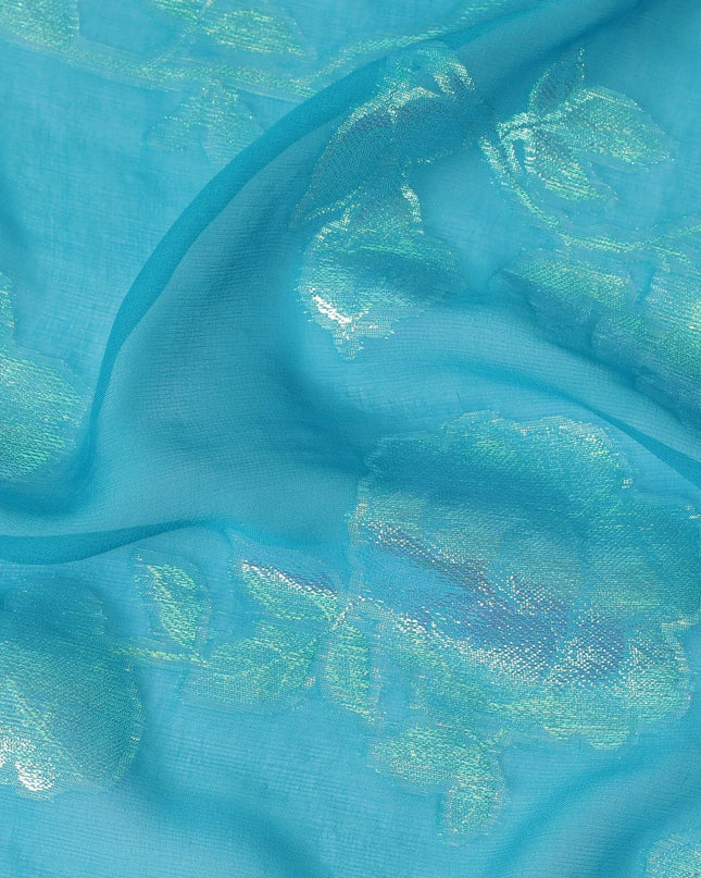 قماش شيفون من الحرير الخالص باللون الأزرق الفيروزي مع لوركس معدني أخضر نيون بتصميم زهور-D12419