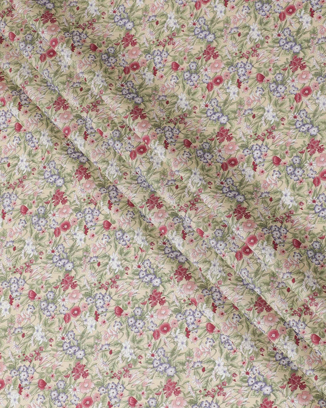 Beige cotton lawn fabric with multicolor print in floral design-D15222