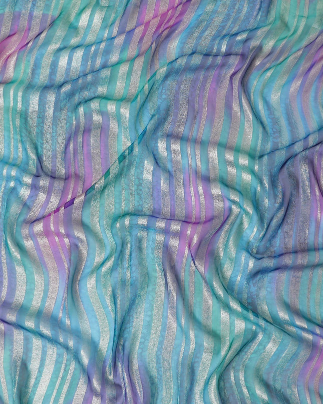 قماش شيفون حريري فاخر مطبوع يدويًا متعدد الألوان مع لوركس معدني ذهبي بتصميم مخطط-D12400