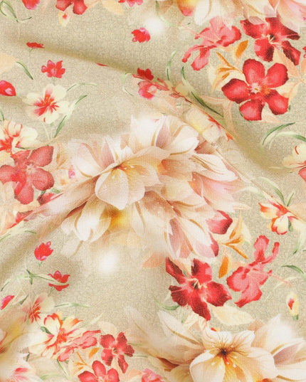 Mellow yellow synthetic crepe fabric with beige, ruby pink and olive green print in floral design-D7637 Regal Fabrics