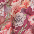 Fire brick red silk chiffon fabric with beige, olive green, royal orange and creamy pink print in floral design-D6271