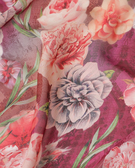Fire brick red silk chiffon fabric with beige, olive green, royal orange and creamy pink print in floral design-D6271