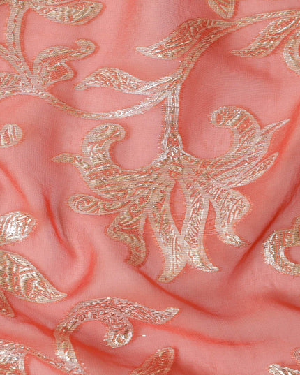 قماش شيفون من الحرير الخالص باللون البرتقالي اليوسفي مع لوريكس معدني ذهبي بتصميم زهور - D14150