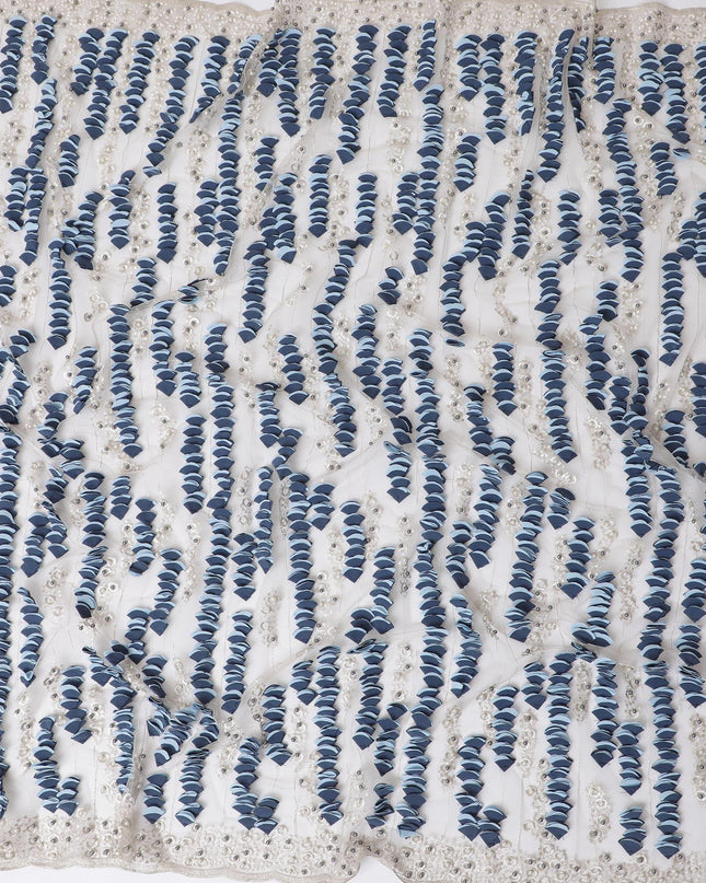Beige nylon tulle fabric with same tone, blue fancy embroidery and pearls in fancy design-D11727