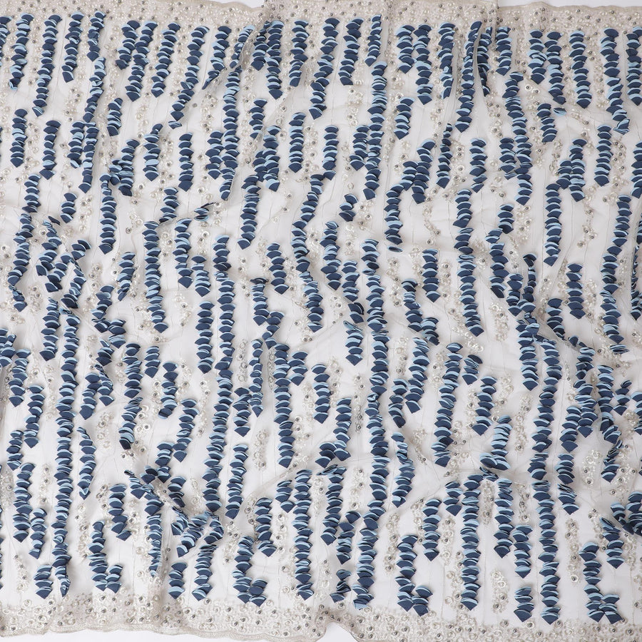 Beige nylon tulle fabric with same tone, blue fancy embroidery and pearls in fancy design-D11727