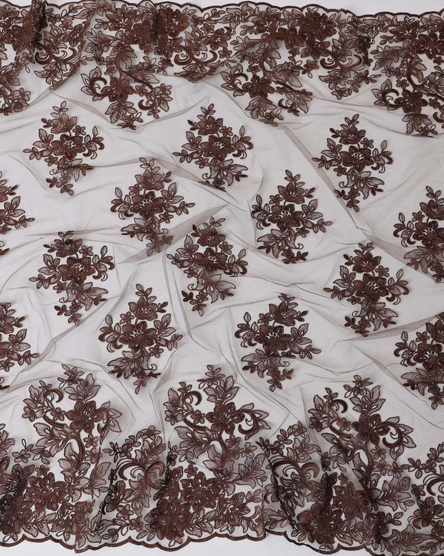 قماش تول نايلون بني مع تطريز بنفس اللون بتصميم الأزهار-D11709