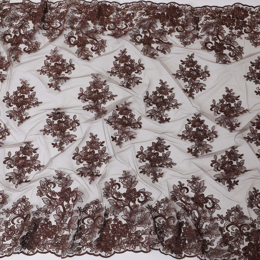 قماش تول نايلون بني مع تطريز بنفس اللون بتصميم الأزهار-D11709