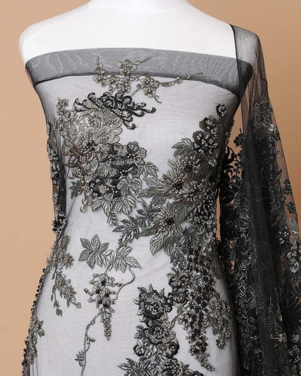 Black Premium wedding nylon tulle fabric with same tone, olive green embroidery having pearls and beads in floral design-D7922